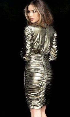 Cocktail Dresses Jovani - M66325 Long Sleeve Metallic Ruched Short Dress