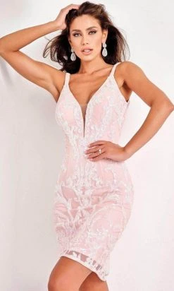 Jovani - Plunging V-Neck Sequined Dress 2667SC - 1 Pc Blush/White In Size 10 Available Cocktail Dresses