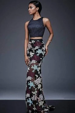 Jovani - Scoop Neck And Floral Print Two-Piece Evening Dress M405