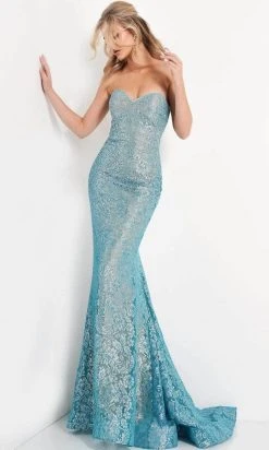Jovani - Strapless Lace Up Back Evening Dress 06586SC - 1 Pc Turquoise/Silver In Size 4 Available