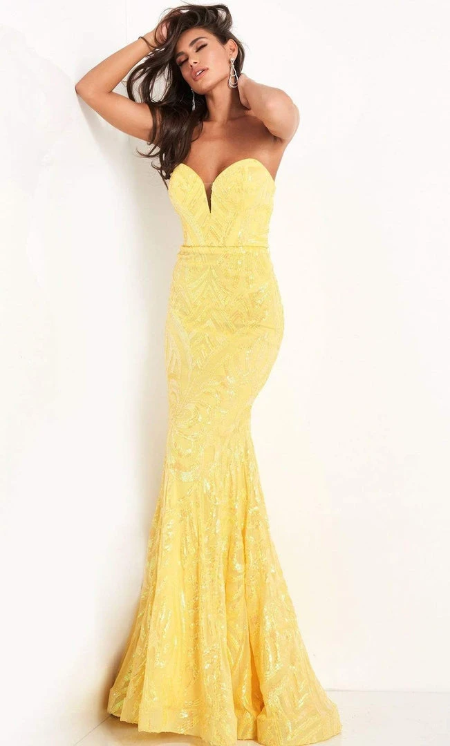 Formal Gowns Jovani - Strapless Plunging Sweetheart Neck Sequin Gown 03445SC - 1 Pc Yellow In Size 2 Available 5 Formal Gowns Jovani - Strapless Plunging Sweetheart Neck Sequin Gown 03445SC - 1 Pc Yellow In Size 2 Available