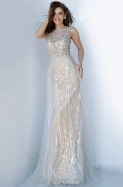 Jovani - Trailing Adorned Bateau Sheath Dress 2352SC - 1 Pc Silver/Nude In Size 4 Available