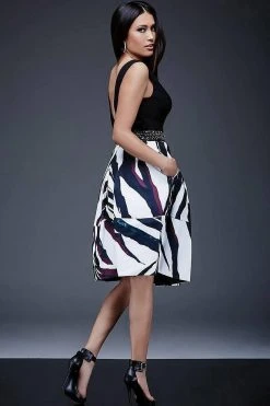 Cocktail Dresses Jovani - V-Neckline Printed Fit And Flare Dress M366