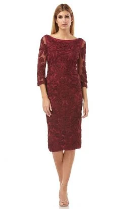 JS Collections - 866567 Sheer Quarter Sleeve Soutache Sheath Dress