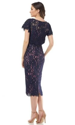 Plus Size Dresses JS Collections - 866800 Short Sleeves Blouson Lace Sheath Midi Dress