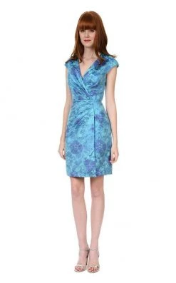 Kay Unger - 124576 Cap Sleeve Wrap Bodice Dress - 1 Pc Blue Multi In Sizes 18 Available Cocktail Dresses