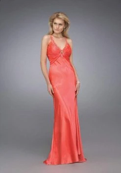 La Femme - 12139 Brooch Ornate Ruched V-Neck Evening Gown Formal Gowns