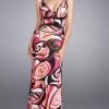 La Femme - 13262 Vibrantly Print V-Neck Sheath Gown With A Brooch Accent Formal Gowns