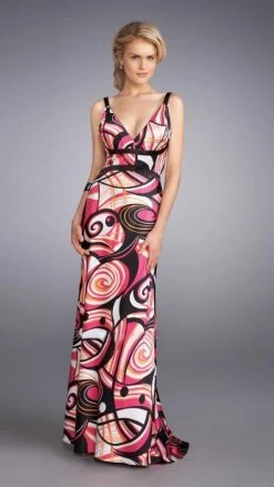 La Femme - 13262 Vibrantly Print V-Neck Sheath Gown With A Brooch Accent Formal Gowns