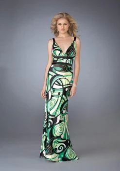 La Femme - 13262 Vibrantly Print V-Neck Sheath Gown With A Brooch Accent Formal Gowns
