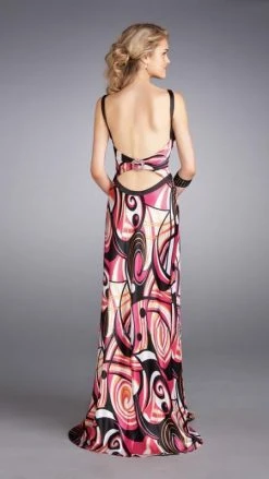 La Femme - 13262 Vibrantly Print V-Neck Sheath Gown With A Brooch Accent Formal Gowns
