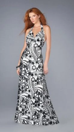 La Femme - 13458 Stunning Pleated V-Neck A-Line Dress