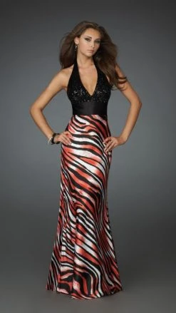 La Femme - 14257 Sultry Animal Print V-Neck Sheath Gown Formal Gowns 9 La Femme - 14257 Sultry Animal Print V-Neck Sheath Gown Formal Gowns