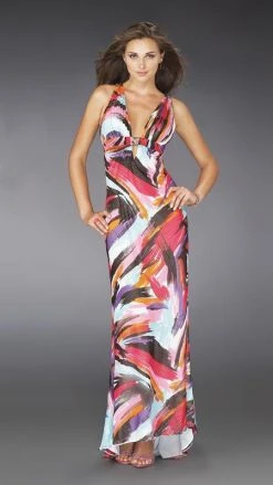 La Femme - 14319 Deep V-neckline Printed Evening Dress