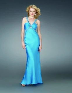 Formal Gowns La Femme - 14345 Beaded V-Neckline Crisscross Back Satin Gown