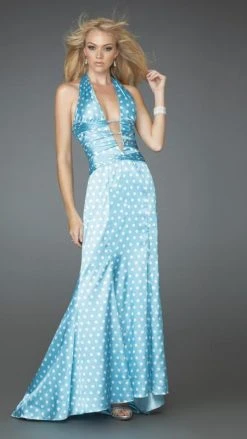 La Femme - 14763 Sultry Plunging V-Neck Polka Dot Sheath Gown Formal Gowns