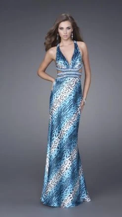 Formal Gowns La Femme - 15349 Diagonal Animal Print V-Neck Sheath Gown