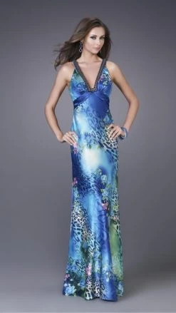 Formal Gowns La Femme - 15734 Feisty Floral And Animal Print V-Neck Sheath Gown