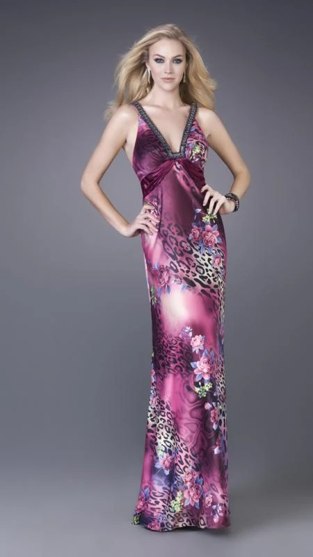 Formal Gowns La Femme - 15734 Feisty Floral And Animal Print V-Neck Sheath Gown 4 Formal Gowns La Femme - 15734 Feisty Floral And Animal Print V-Neck Sheath Gown