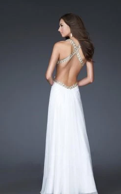 La Femme - 16100 Gold Strap Crisscross Back Halter Style Evening Gown 10 La Femme - 16100 Gold Strap Crisscross Back Halter Style Evening Gown