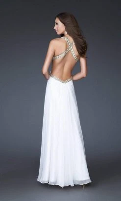 La Femme - 16100 Gold Strap Crisscross Back Halter Style Evening Gown 11 La Femme - 16100 Gold Strap Crisscross Back Halter Style Evening Gown