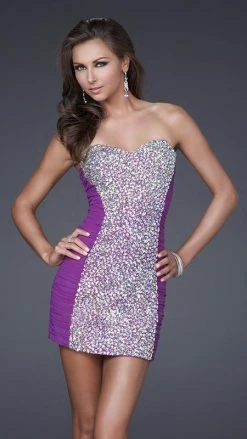 La Femme - 16368 Jewel Embellished Ruched Sweetheart Short Sheath Dress Cocktail Dresses