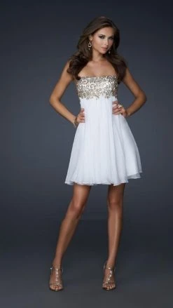 La Femme - 17107 Grecian Damask Lace A-Line Empire Cocktail Dress