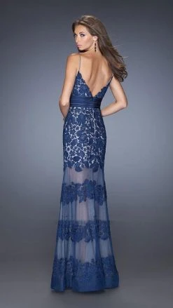 La Femme - 20131 Sweetheart Floral Lace Striped Evening Dress