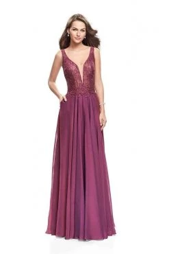 Formal Gowns La Femme - 25513SC Embellished Plunging V-neck Long Dress - 1 Pc Boysenberry In Size 4 Available