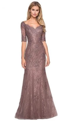 La Femme - 26943SC Bedazzled Scalloped V-neck Trumpet Dress - 1 Pc Cocoa In Size 6 Available Formal Gowns
