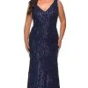 Formal Gowns La Femme - 28946SC Sequined Deep V-neck Long Gown - 1 Pc Navy In Size 14W Available 1 Formal Gowns La Femme - 28946SC Sequined Deep V-neck Long Gown - 1 Pc Navy In Size 14W Available