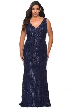 Formal Gowns La Femme - 28946SC Sequined Deep V-neck Long Gown - 1 Pc Navy In Size 14W Available