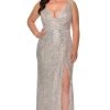 Formal Gowns La Femme - 29046SC Plunging V-Neck Sequined Gown With High Slit - 1 Pc Silver In Size 12W Available