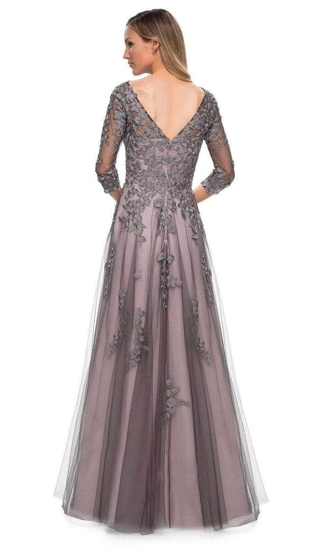 La Femme - 29205SC Floral Appliqued V-neck Formal Gown - 1 Pc Pink/Gray In Size 6 Available 4 La Femme - 29205SC Floral Appliqued V-neck Formal Gown - 1 Pc Pink/Gray In Size 6 Available