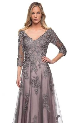 La Femme - 29205SC Floral Appliqued V-neck Formal Gown - 1 Pc Pink/Gray In Size 6 Available 8 La Femme - 29205SC Floral Appliqued V-neck Formal Gown - 1 Pc Pink/Gray In Size 6 Available