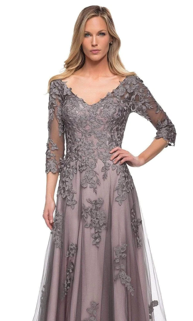 La Femme - 29205SC Floral Appliqued V-neck Formal Gown - 1 Pc Pink/Gray In Size 6 Available 5 La Femme - 29205SC Floral Appliqued V-neck Formal Gown - 1 Pc Pink/Gray In Size 6 Available