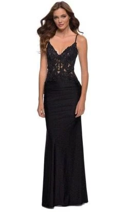 Formal Gowns La Femme - 29774 Sheer Lace Plunging V Neckline Long Dress - 1 Pc Black In Size 2 Available