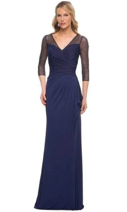 La Femme - 30028SC Sheer Quarter Length Sleeve V-neck Long Dress - 1 Pc Navy In Size 10 Available