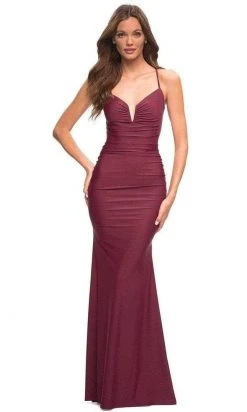 Formal Gowns La Femme - 30484SC Sleeveless V-neck Long Dress - 1 Pc Dark Berry In Size 2 Available
