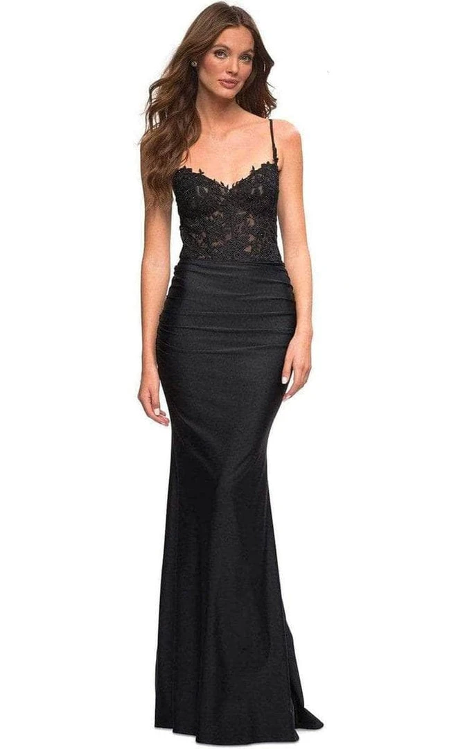 La Femme - 30521SC Lace Embroidered V-neck Evening Gown - 1 Pc Navy In Size 4 Available 3 La Femme - 30521SC Lace Embroidered V-neck Evening Gown - 1 Pc Navy In Size 4 Available