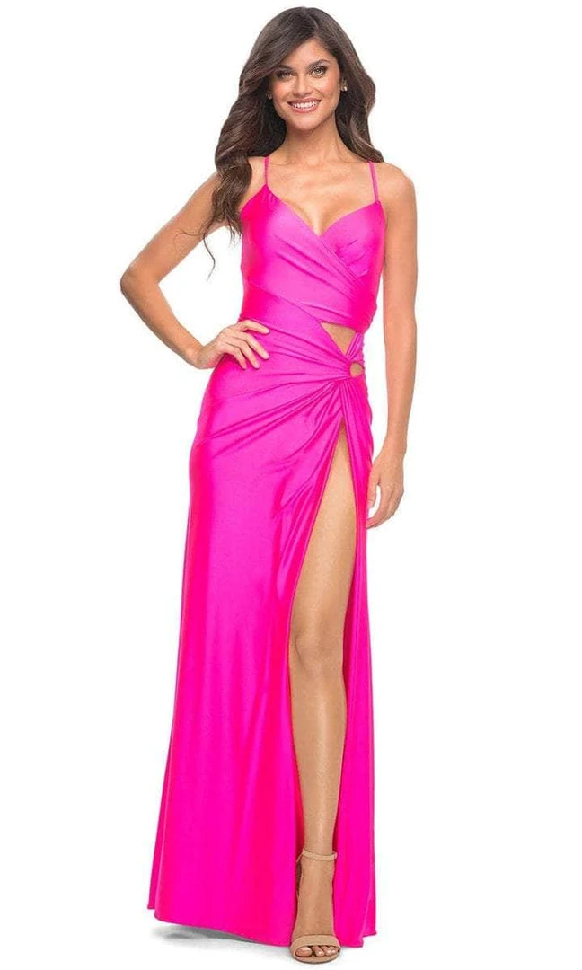 La Femme - 30667SC Sleeveless Ruched V-neck Evening Dress - 1 Pc Neon Pink In Size 4 Available 3 La Femme - 30667SC Sleeveless Ruched V-neck Evening Dress - 1 Pc Neon Pink In Size 4 Available