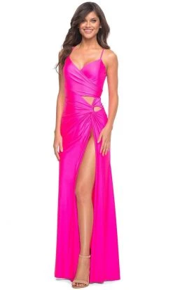 La Femme - 30667SC Sleeveless Ruched V-neck Evening Dress - 1 Pc Neon Pink In Size 4 Available