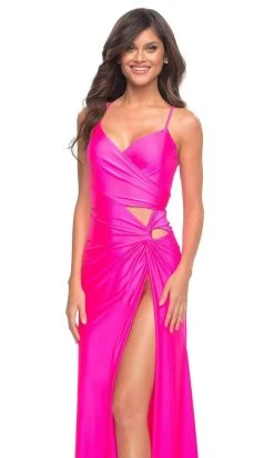 La Femme - 30667SC Sleeveless Ruched V-neck Evening Dress - 1 Pc Neon Pink In Size 4 Available 10 La Femme - 30667SC Sleeveless Ruched V-neck Evening Dress - 1 Pc Neon Pink In Size 4 Available