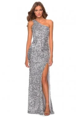 La Femme - Asymmetric Sequin Fitted Evening Dress 28596SC - 1 Pc Silver In Size 00 Available Formal Gowns