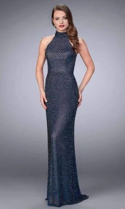 La Femme - Beaded Sleeveless Racerback Sheath Gown 24258SC - 1 Pc Navy In Size 2 Available Formal Gowns