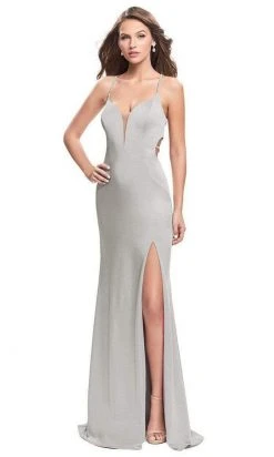 Formal Gowns La Femme - Bejeweled Strappy Back High Slit Dress 25398SC - 1 Pc Silver In Size 8 Available