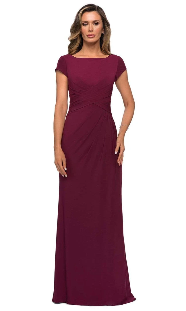 La Femme - Cap Sleeve Bateau Jersey Sheath Dress 28026SC - 2 Pcs Wine In Sizes 8 And 10 Available Formal Gowns 3 La Femme - Cap Sleeve Bateau Jersey Sheath Dress 28026SC - 2 Pcs Wine In Sizes 8 And 10 Available Formal Gowns