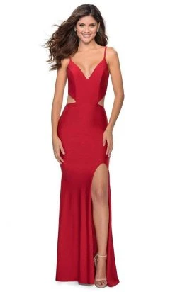 La Femme - Deep V-neck Jersey Fitted Dress 28930SC - 1 Pc Red In Size 6 Available Formal Gowns