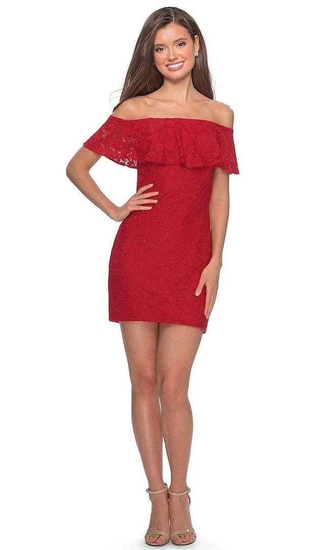 La Femme - Draped Lace Off Shoulder Short Dress 28147SC 3 La Femme - Draped Lace Off Shoulder Short Dress 28147SC