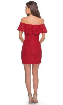 La Femme - Draped Lace Off Shoulder Short Dress 28147SC 8 La Femme - Draped Lace Off Shoulder Short Dress 28147SC